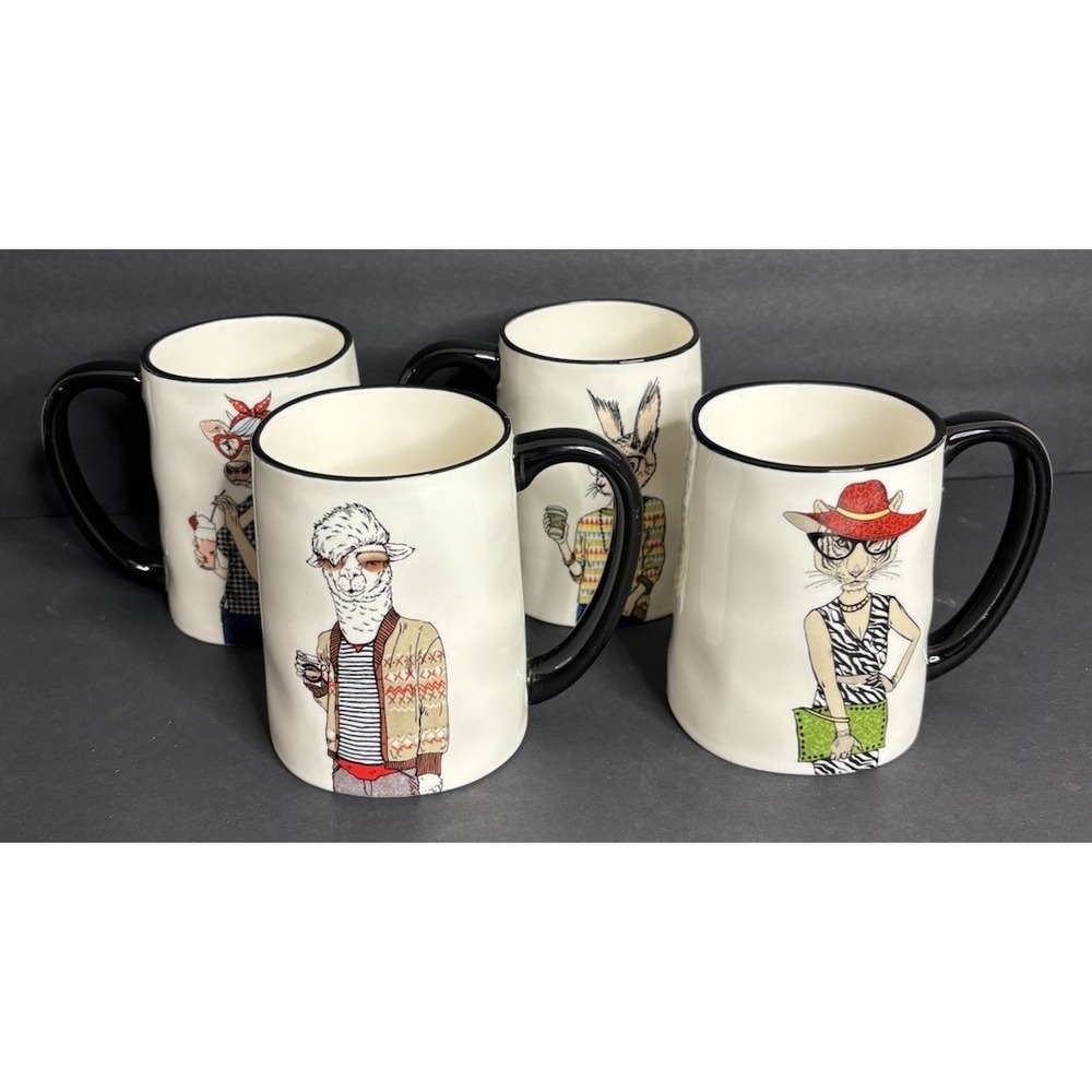 4 Signature Housewares Hipster Animals Coffee Mugs Cups Stoneware 4.5"
